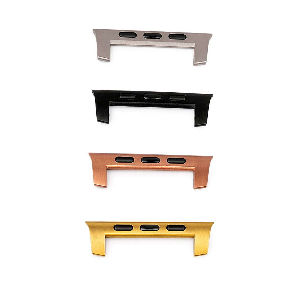 Apple Watch strap adapters in multiple sizes designed to securely connect leather watch straps to Apple Watch cases