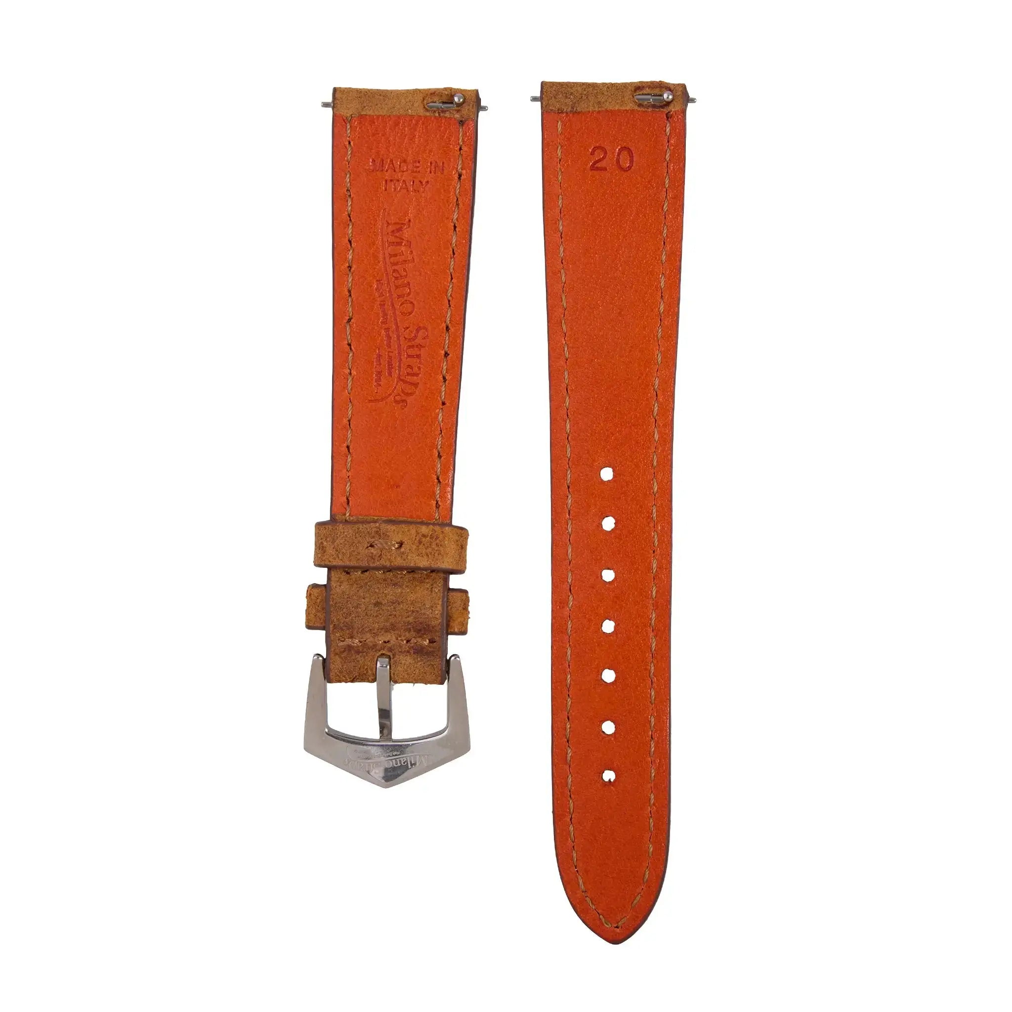 Back view of Milano Straps Cognac Mohawk leather watch band, showing 'Made in Italy' embossing and orange leather lining.