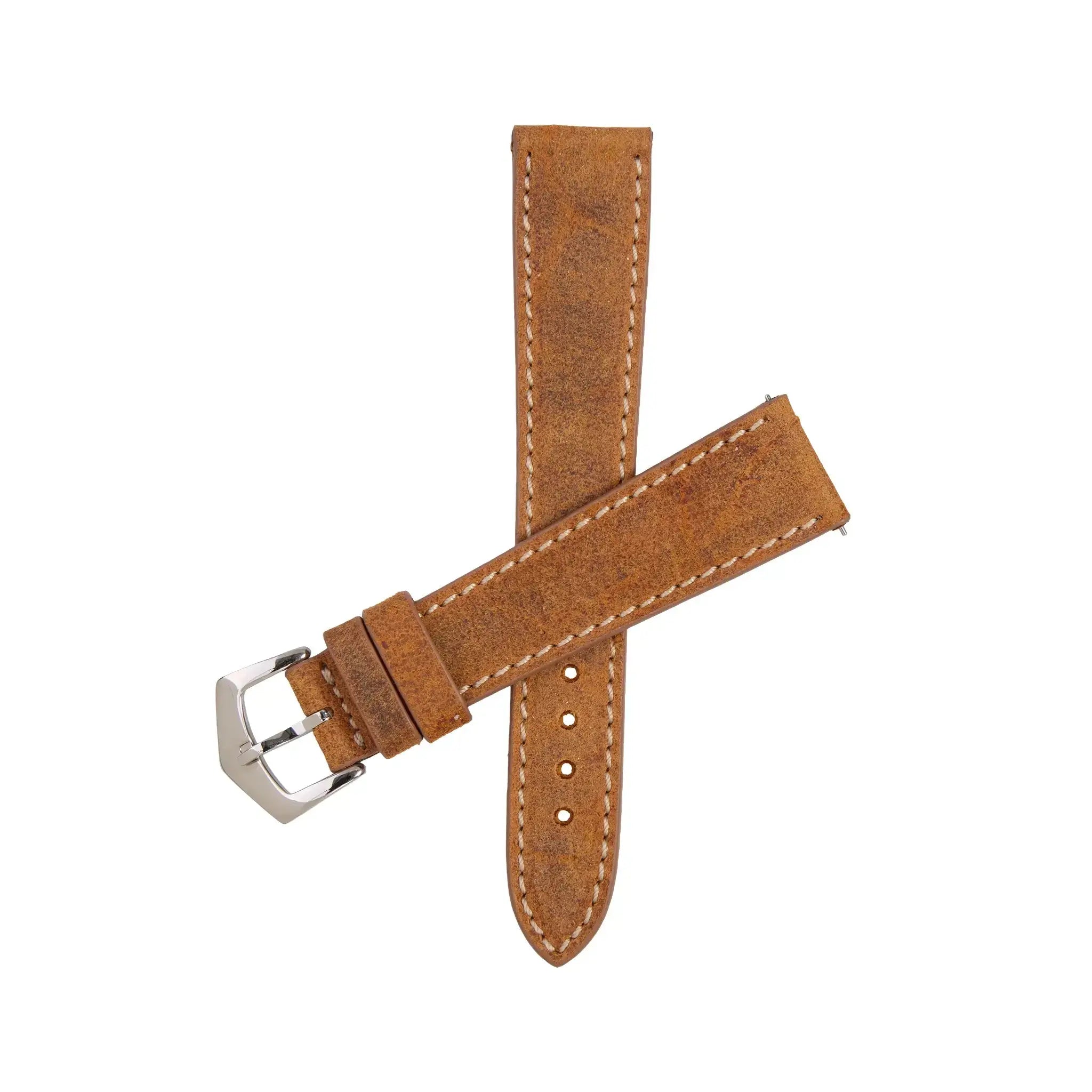 Mohawk Cognac Leather Watch Strap with ecru stitching, handmade in Italy by Milano Straps. Premium vintage-style accessory in soft suede finish.