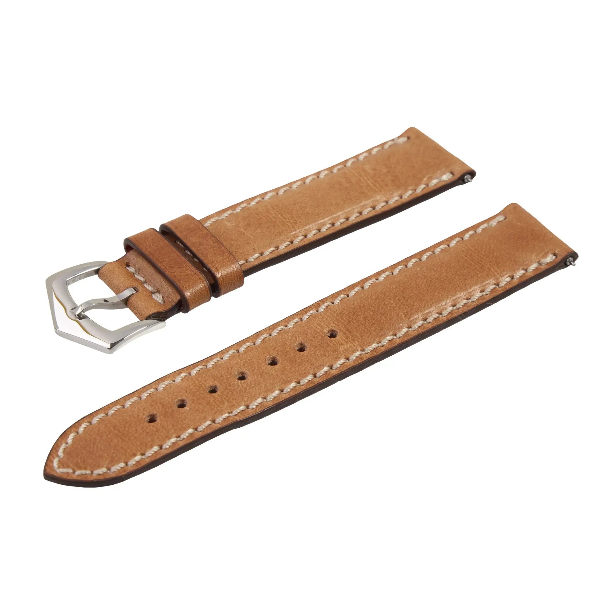 Angled view of Vintage Natural Leather Watch Band with soft texture, contrast stitching, and stainless steel buckle for a refined look.