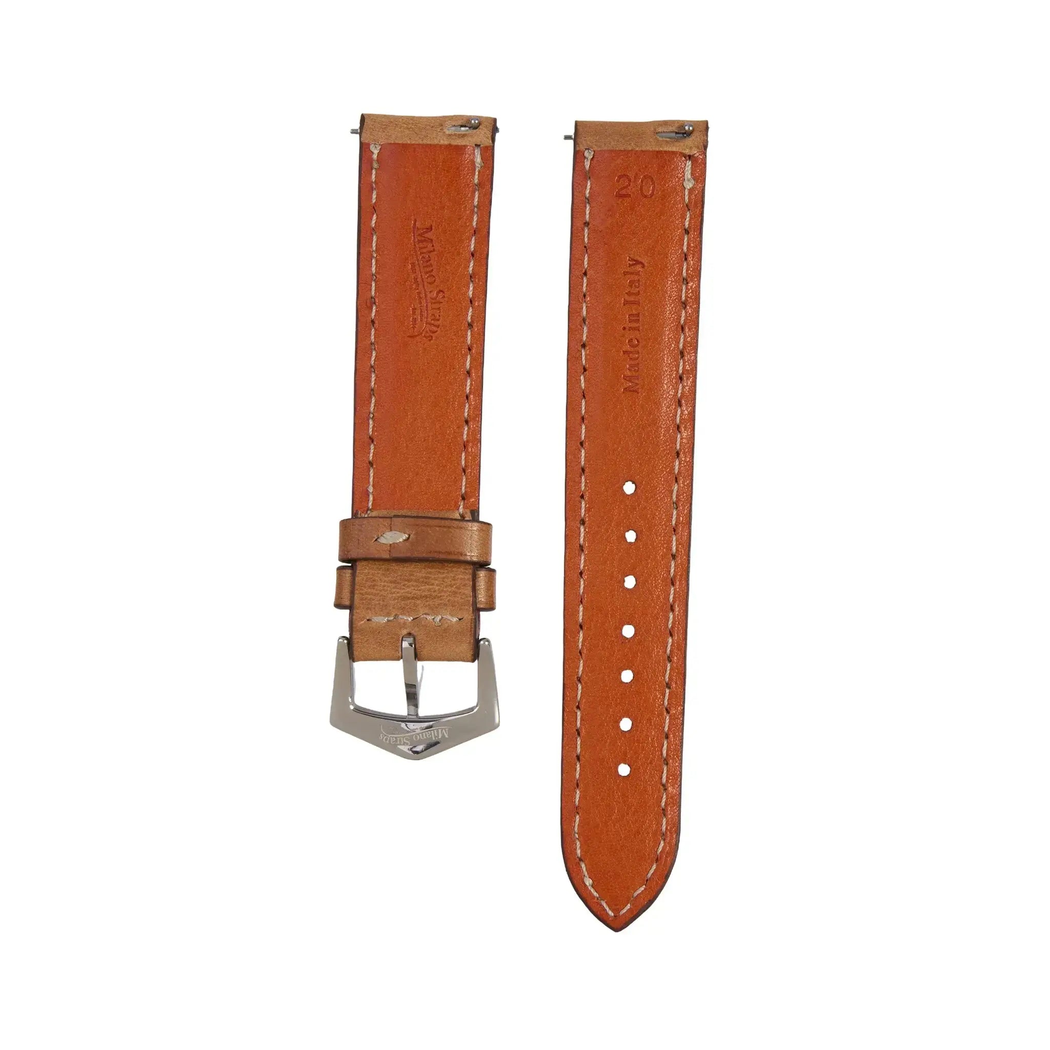 Back view of Natural Premium Tuscan Vintage Watch Band showing 'Made in Italy' embossing and high-quality leather craftsmanship.