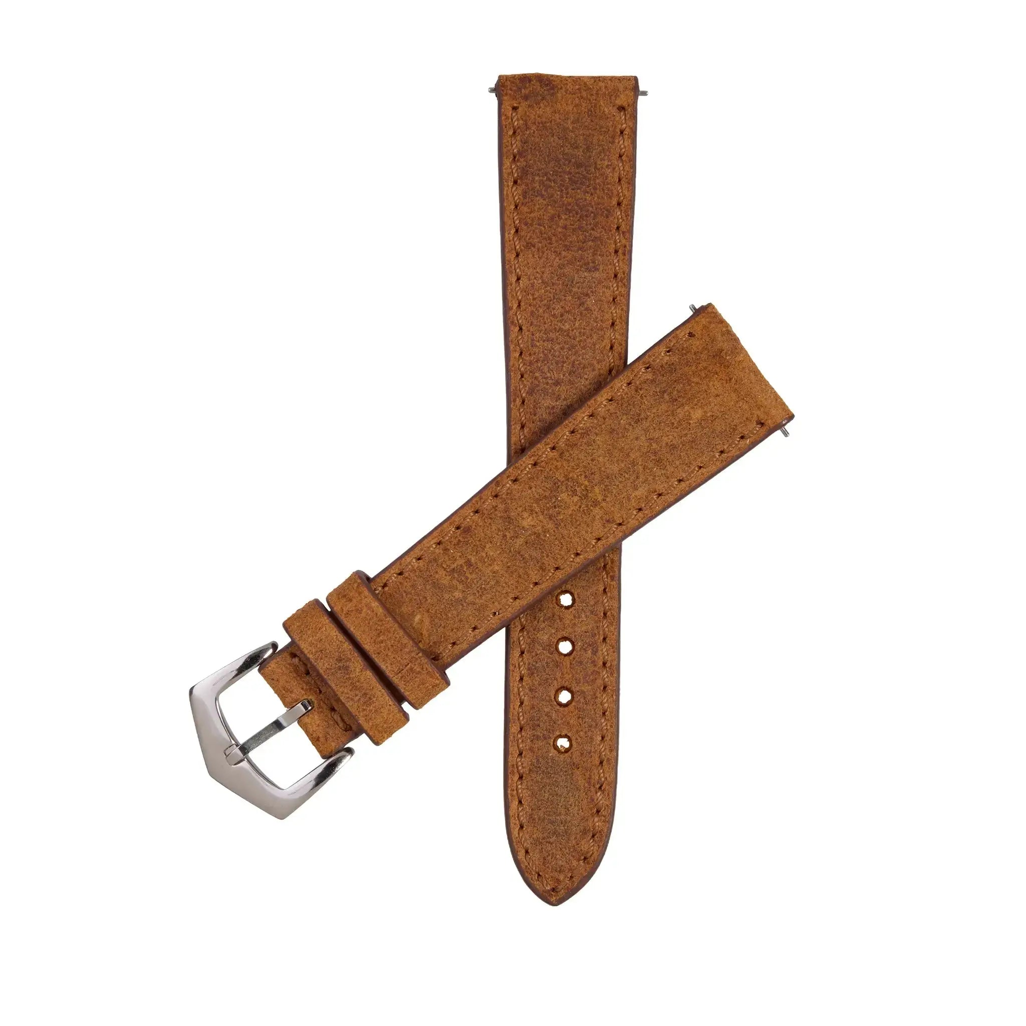 Cognac Mohawk leather watch band with tone-on-tone stitching and stainless steel buckle, showcasing British-inspired elegance by Milano Straps.