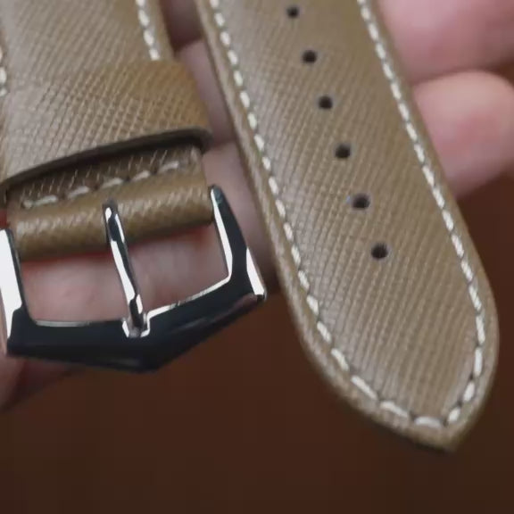 Taupe Saffiano Folded Edge White Stitches Watch Strap