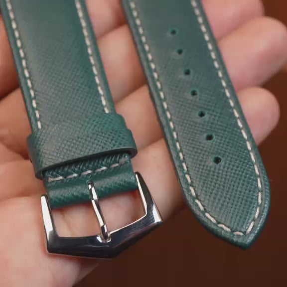 Green Saffiano Folded Edge White Stitches Watch Strap