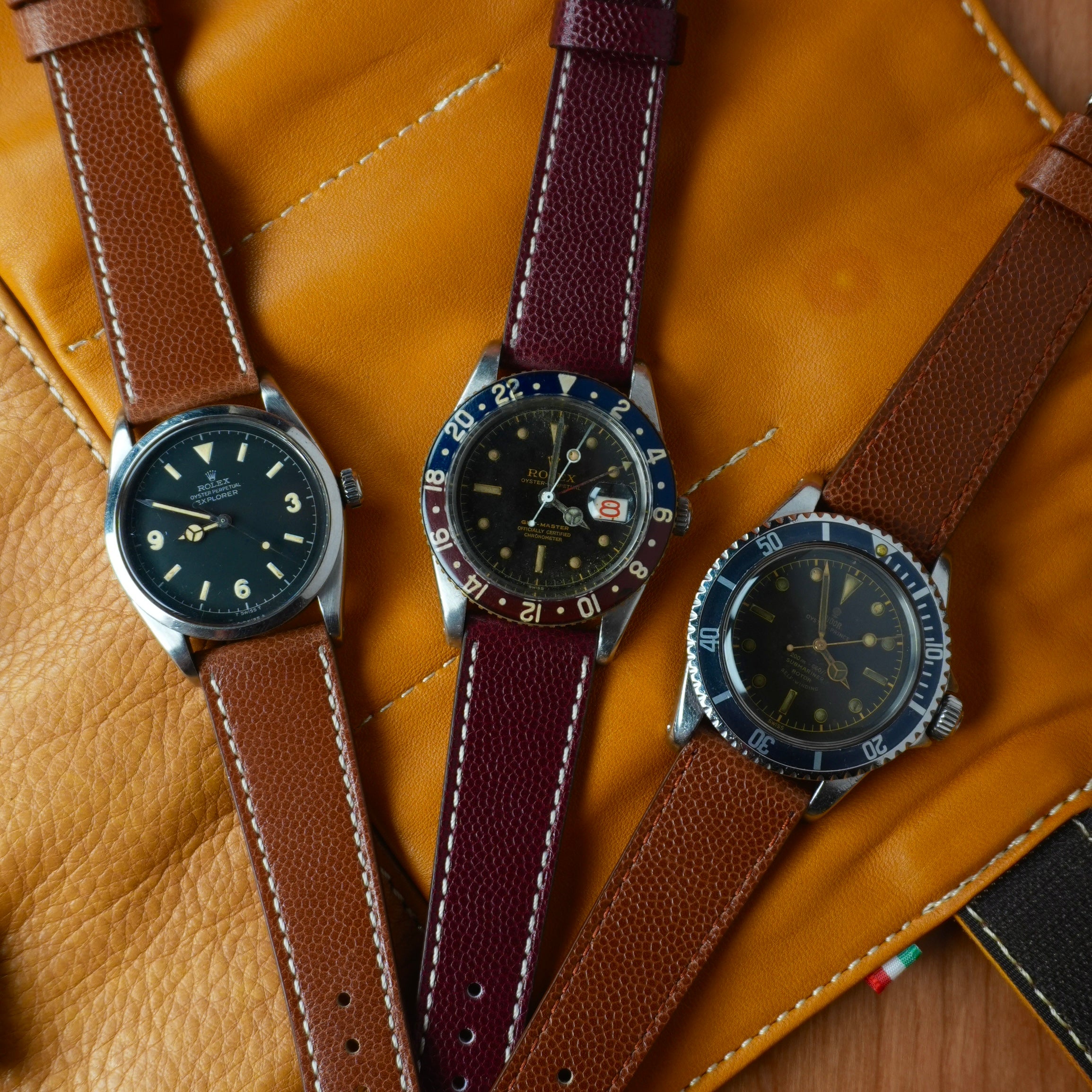 Brown Saffiano Folded Edge White Stitches Watch Strap