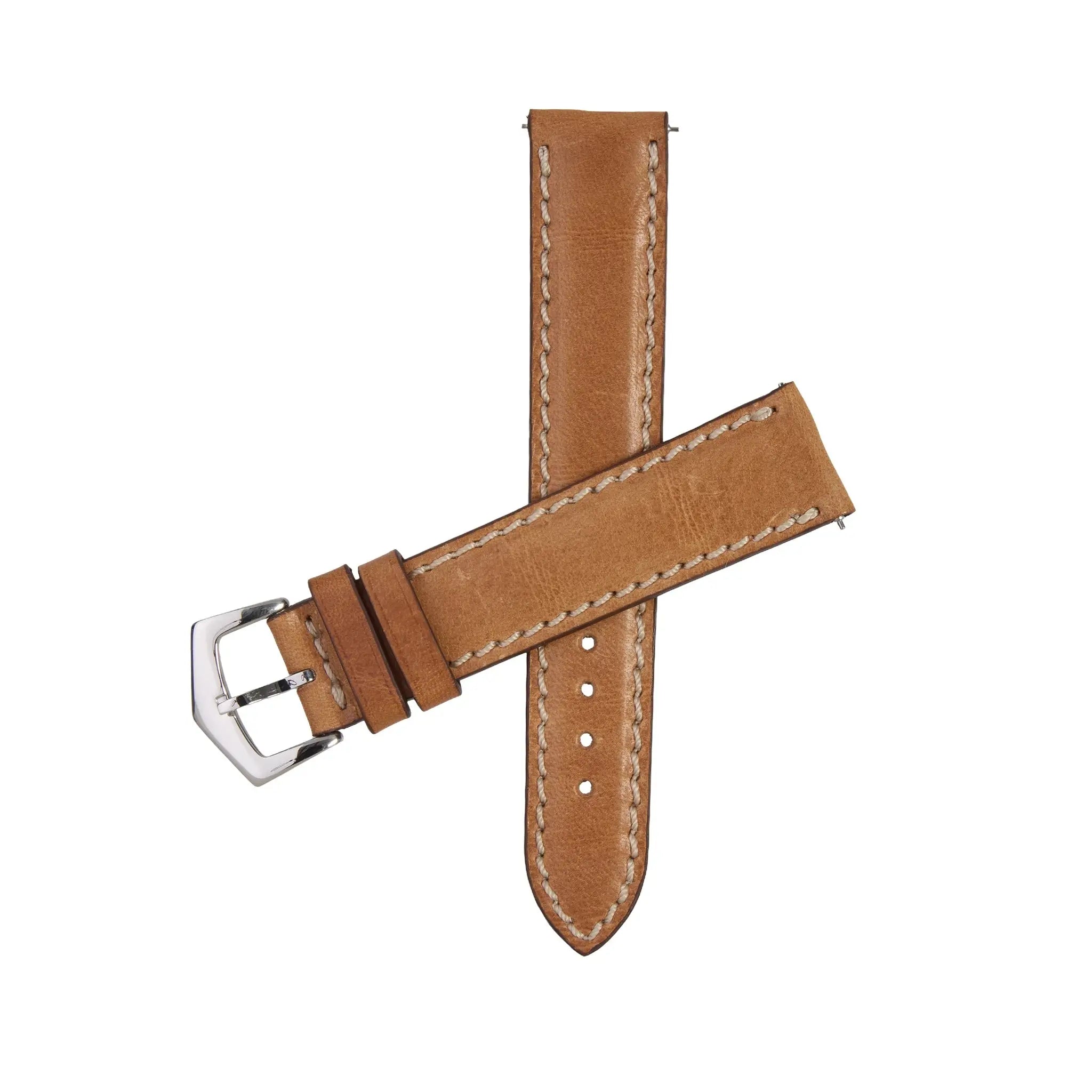 Vintage Natural Leather Watch Band in premium Tuscan leather with white stitching and silver buckle, ideal for classic timepieces.