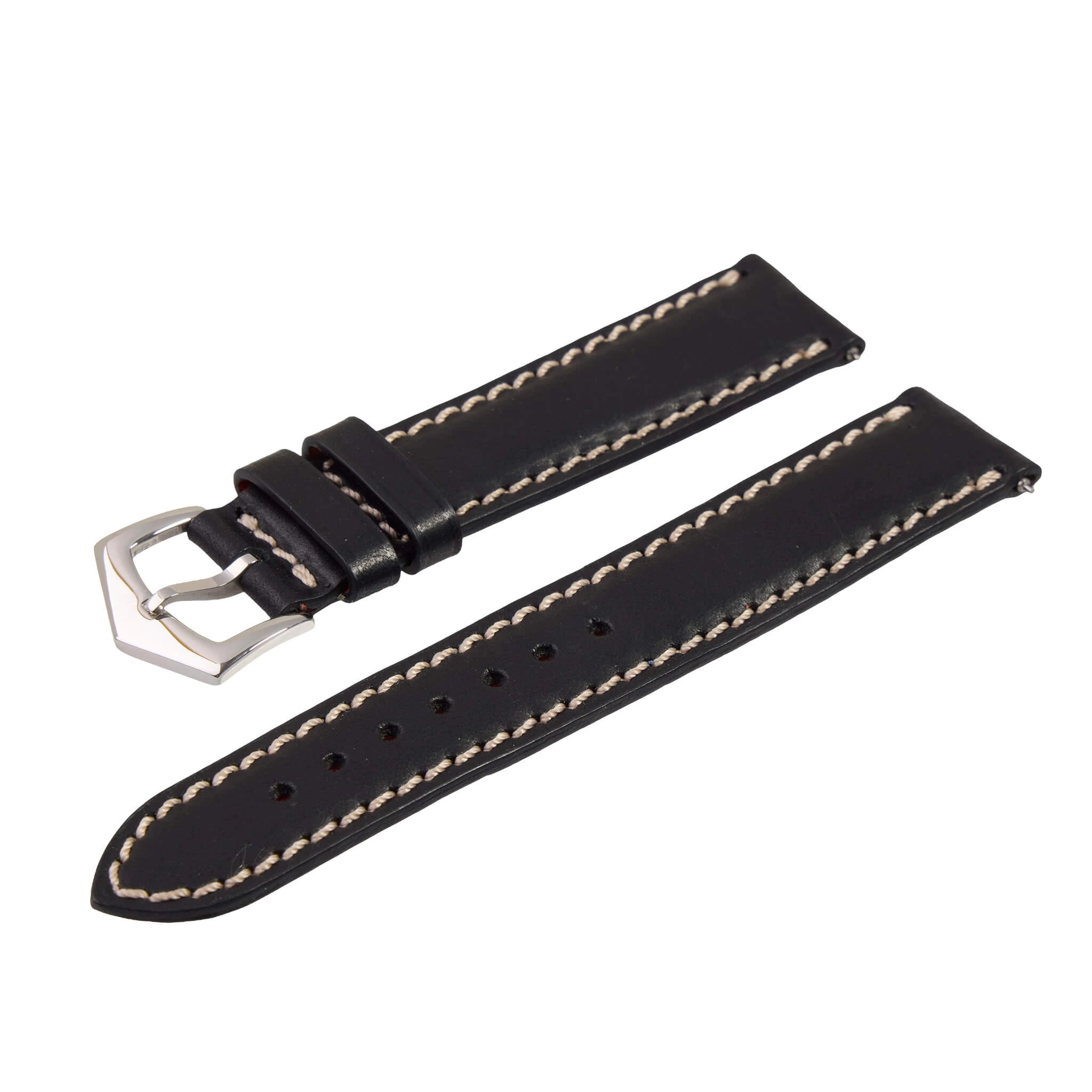 Black Premium Tuscan Vintage Watch Band with contrast stitching, handmade Italian leather strap for classic and Apple watches. Elegant and durable style.