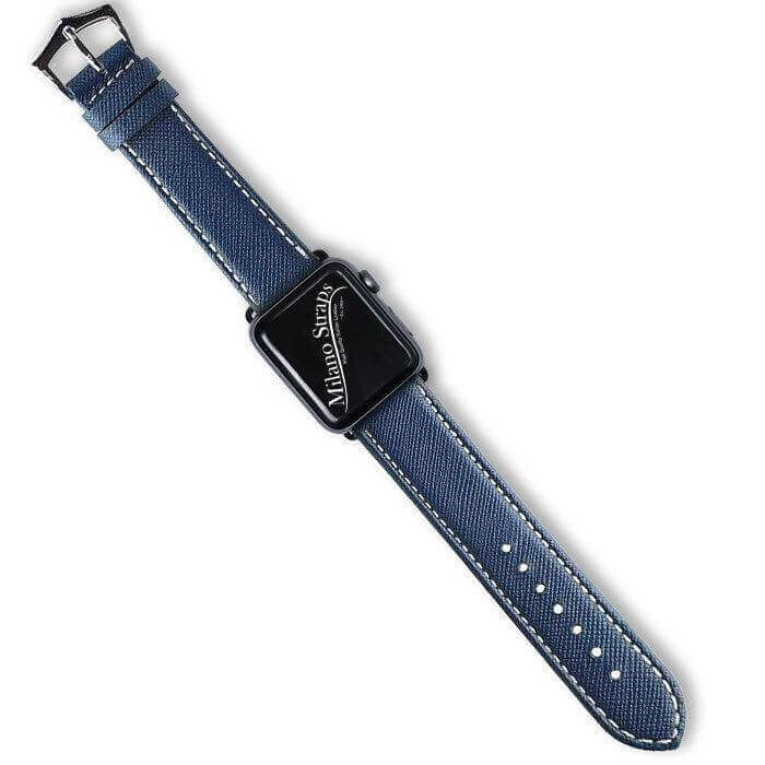 Apple Watch Leather Band ™ Blue Saffiano Ecru Stitches - Apple Watch Leather Straps- Milano Straps