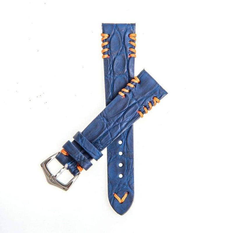 Blue Rubberized Crocodile Watch Strap Orange Tribal Stitches - Crocodile Strap- Milano Straps