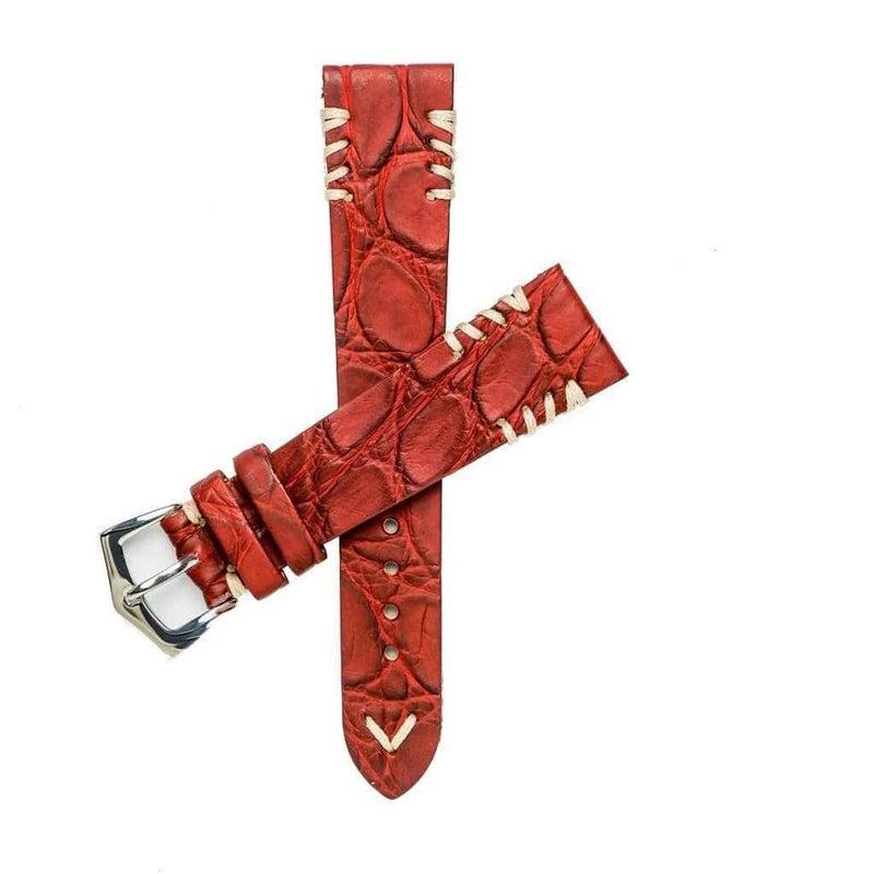 Red Rubberized Crocodile Watch Strap White Tribal Stitches - 20mm - Crocodile Strap- Milano Straps